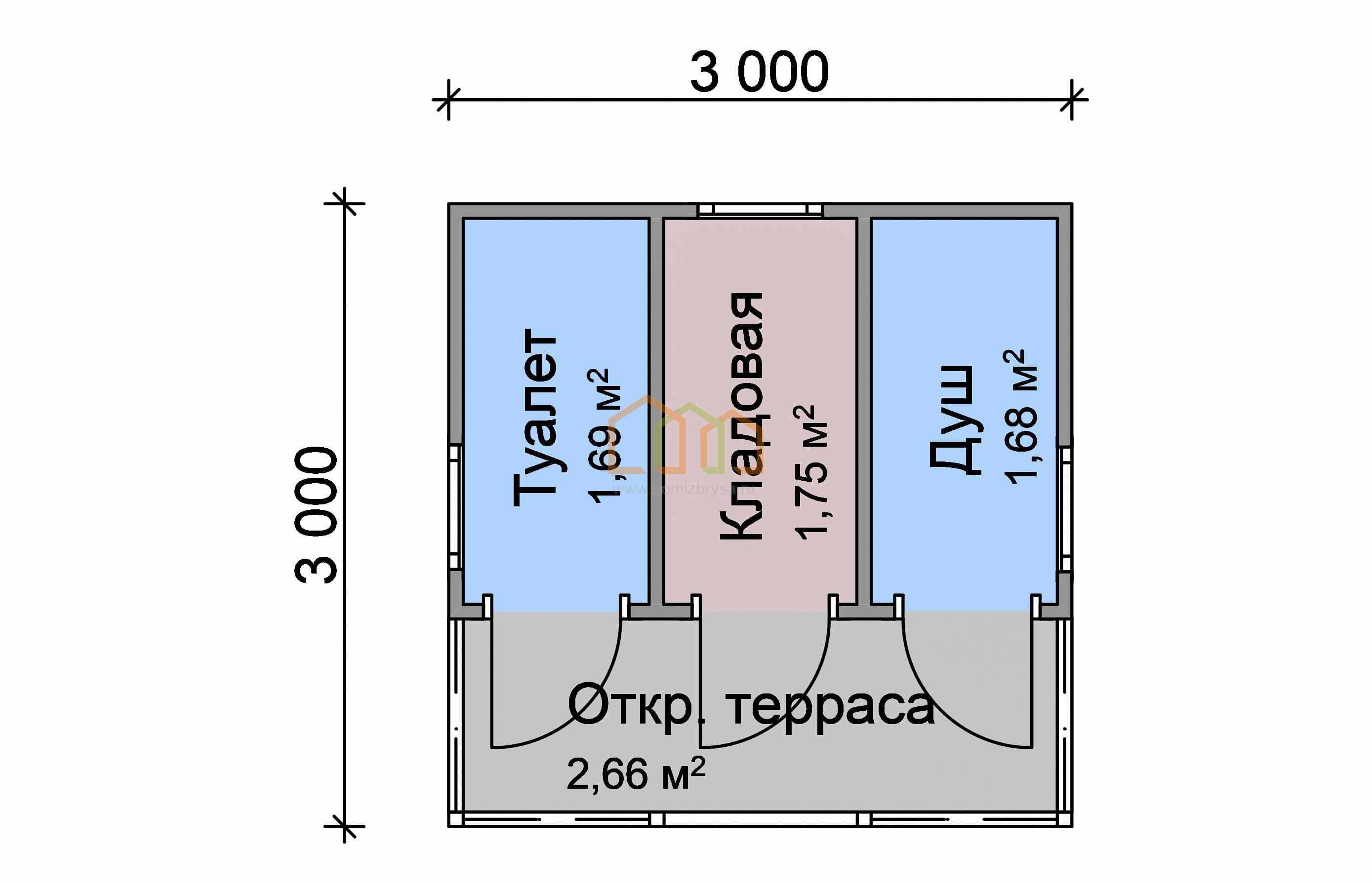 Хозблок с верандой эконом Грета-1 (ЭСС) 3х3 Площадь: 9 м² с верандой со  сборкой на участке с душем, туалетом и кладовкой под ключ в Петушках